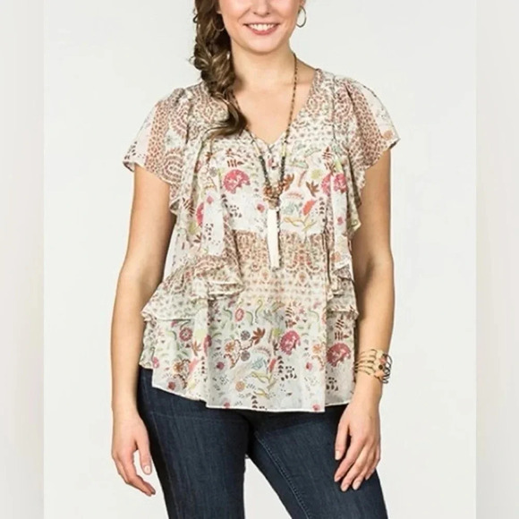 Matilda Jane Blouse L Boho Floral Ruffle Peasant Festival Flowy Short Sleeve - Picture 1 of 5